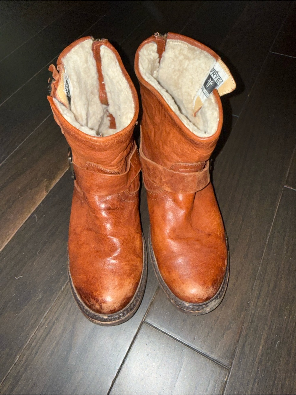 Frye Women’s Shearling-Lined Ankle Boots in Rust Brown